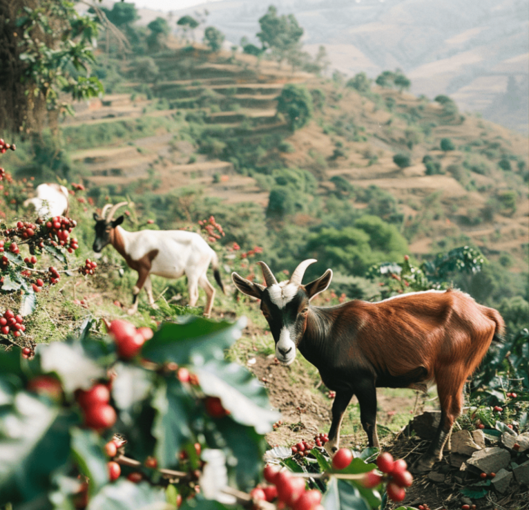 a herd of goats eating berries on a mountain